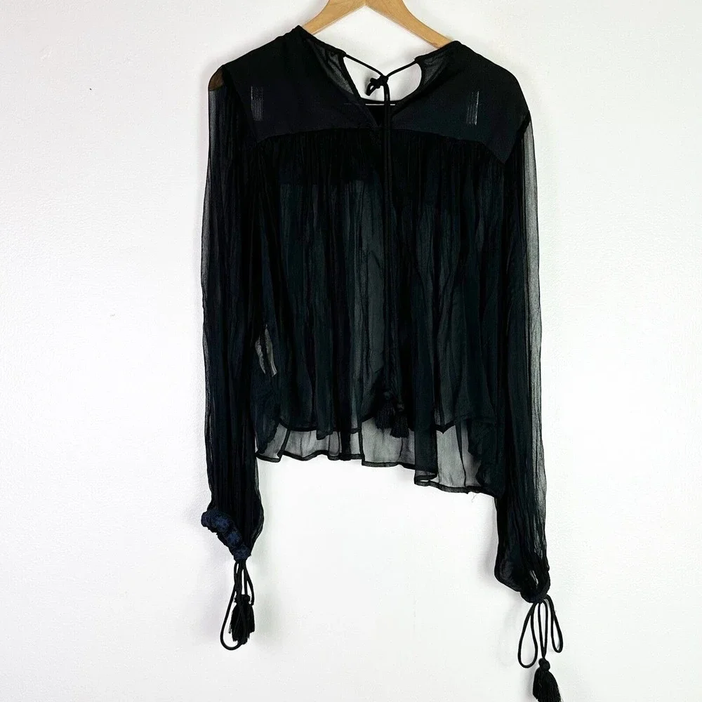 Free People Sheer Black Long-Sleeve Tassel Blouse